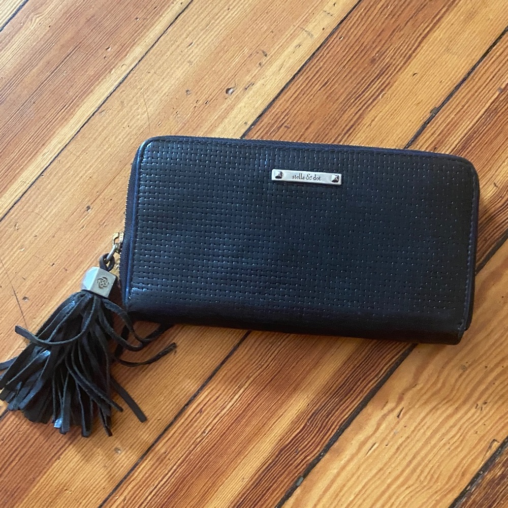 Stella & Dot Black Perforated leather Zip Wallet with Tassel